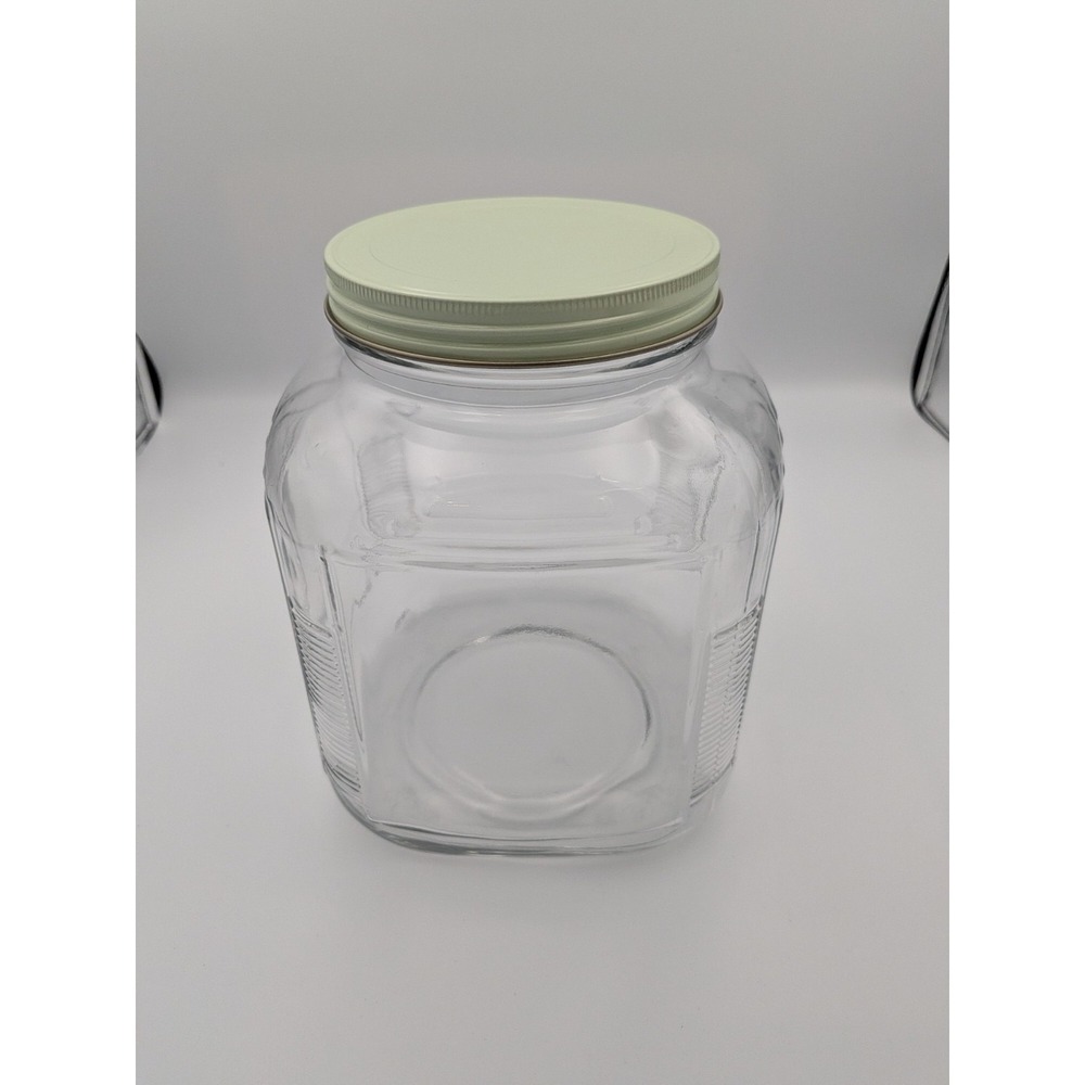 Vintage Clear Glass Square Candy Pickle Jar Ribbed Sides Green Metal Lid 8"